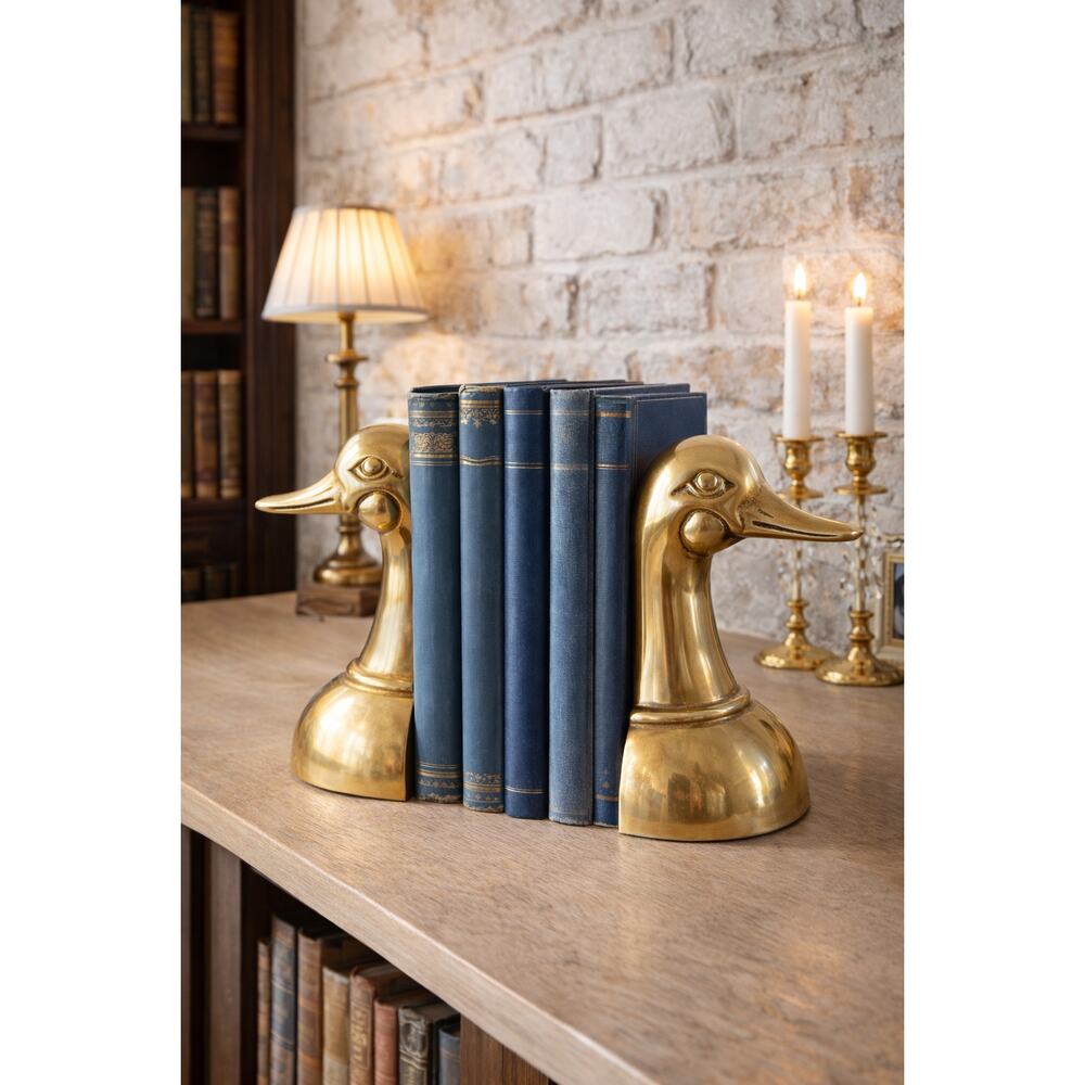 Vintage Brass Duck Bookends, Mid Century Modern, Hollywood Regency Library Decor